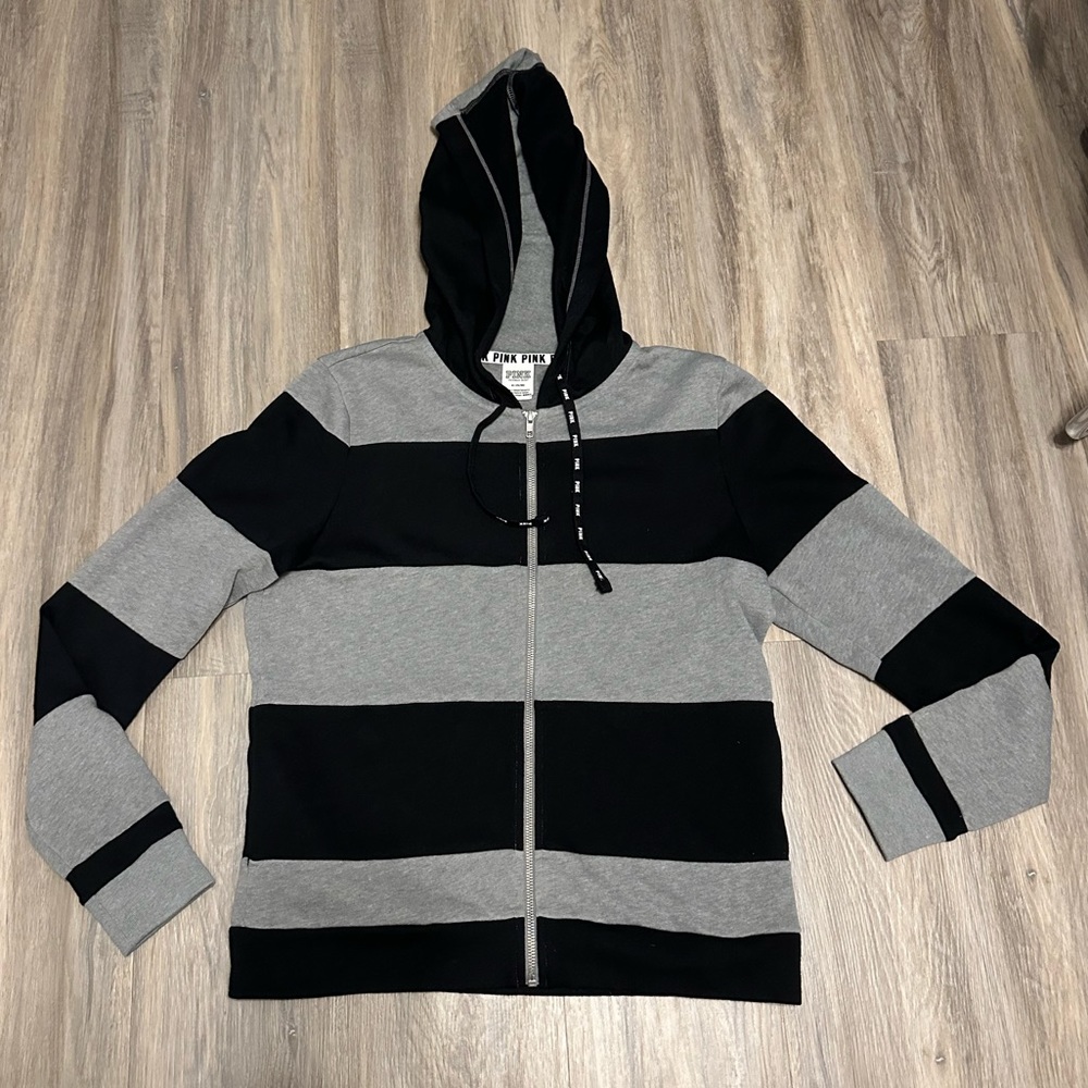 Victoria’s Secret PINK gold bling sequin zip up hoodie black & grey striped NWOT